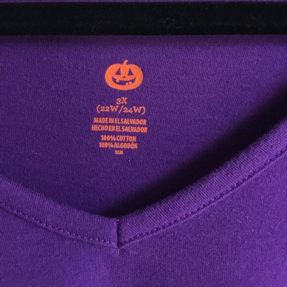 Purple long sleeve Halloween top black cat on picket fence with moon & bats 3X - Picture 4 of 5